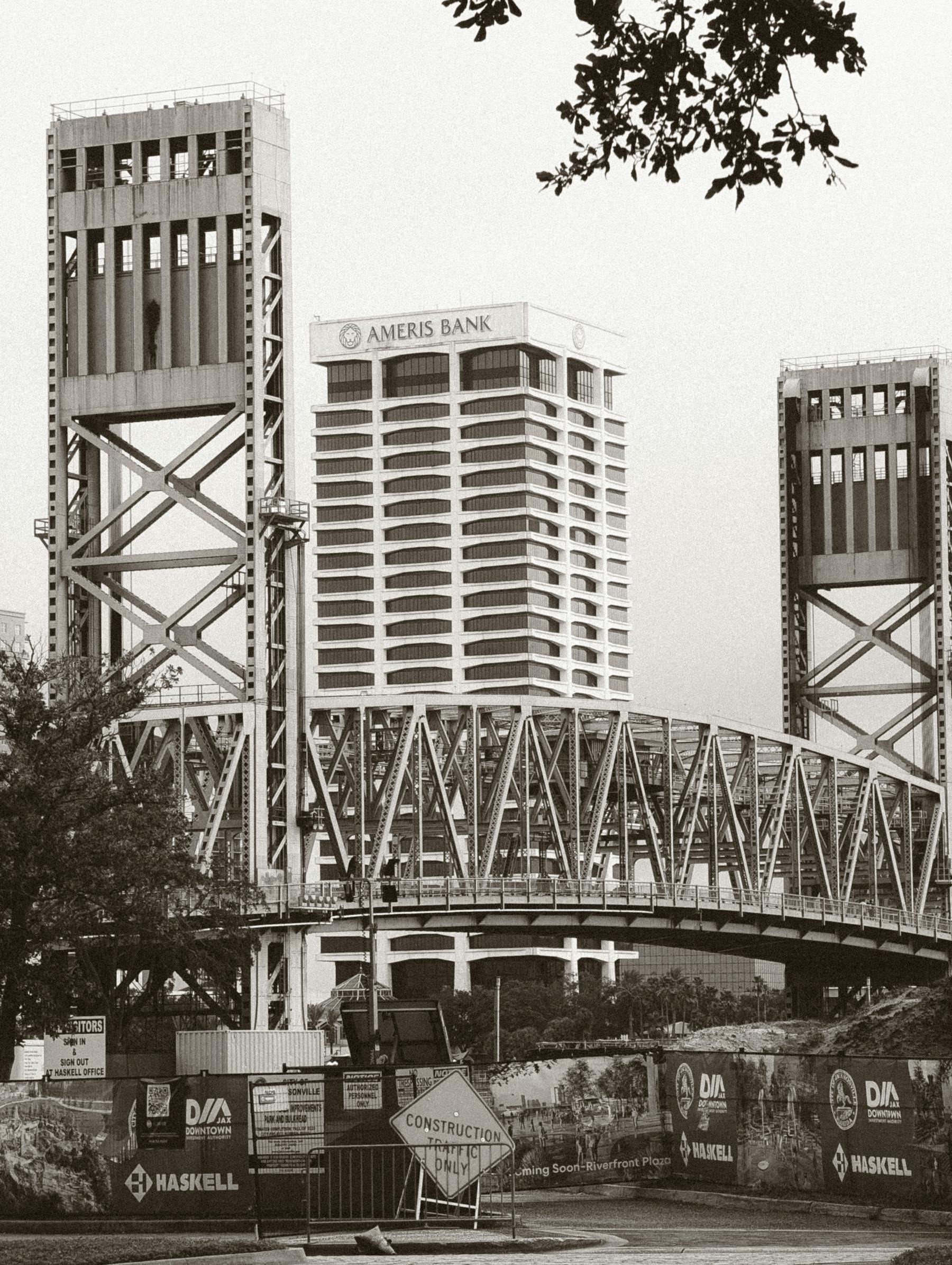 Black and white view of Jacksonville's Main Street Bridge and the Ameris Bank tower